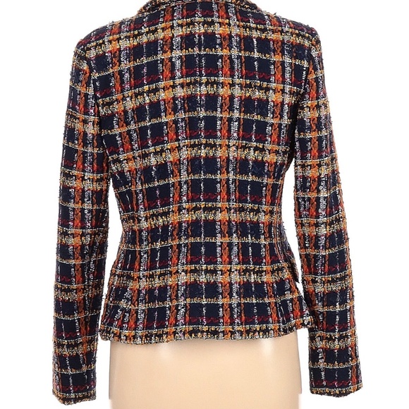 Navy Blue Multicolored Plaid Tweed Blazer Size 6 - Picture 2 of 2